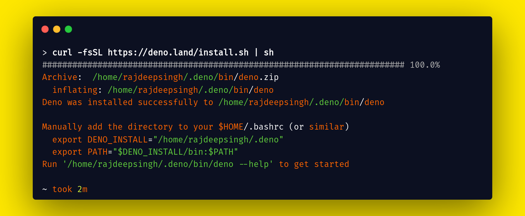 Install deno with curl command