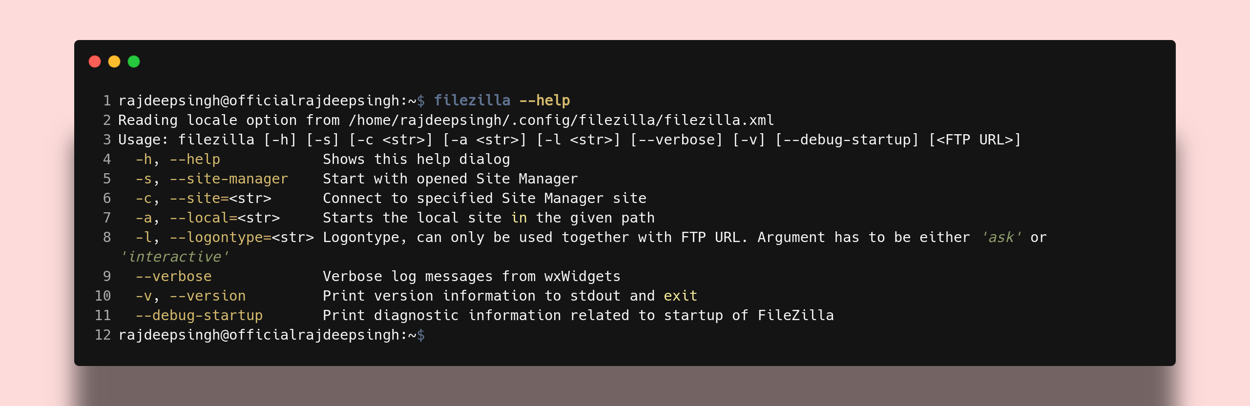 Filezilla help command output Filezilla help command output
